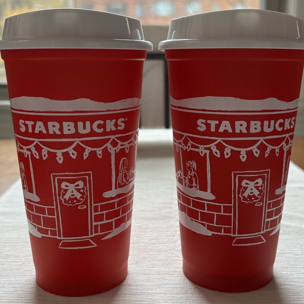 Two Starbucks 2025 Holiday Red Cups